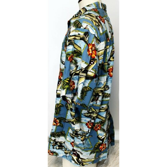 Kalaheo Blue Hawaiian Shirt Planes Bomber Jets Flowers Men's 2XL WW2 WWII - Picture 5 of 11